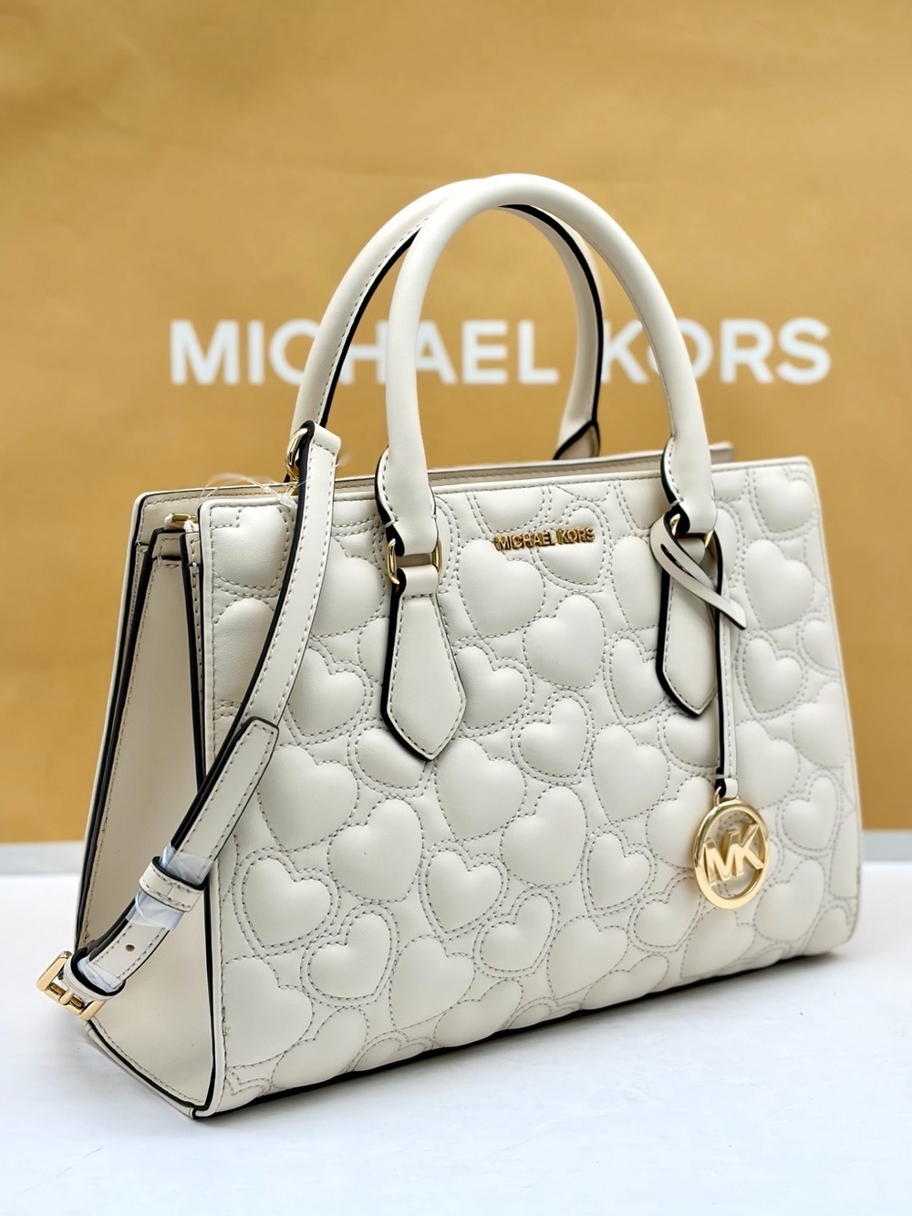 Michael Kors Cream Quilted Heart Satchel with Gold Hardware